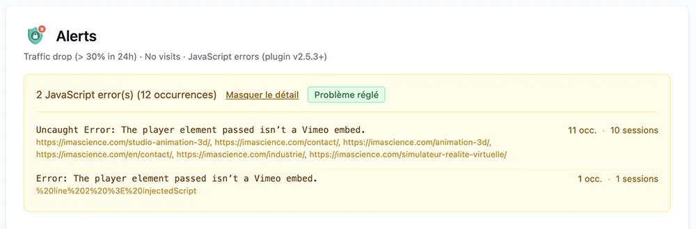 Alerts and JavaScript errors - Automatic monitoring